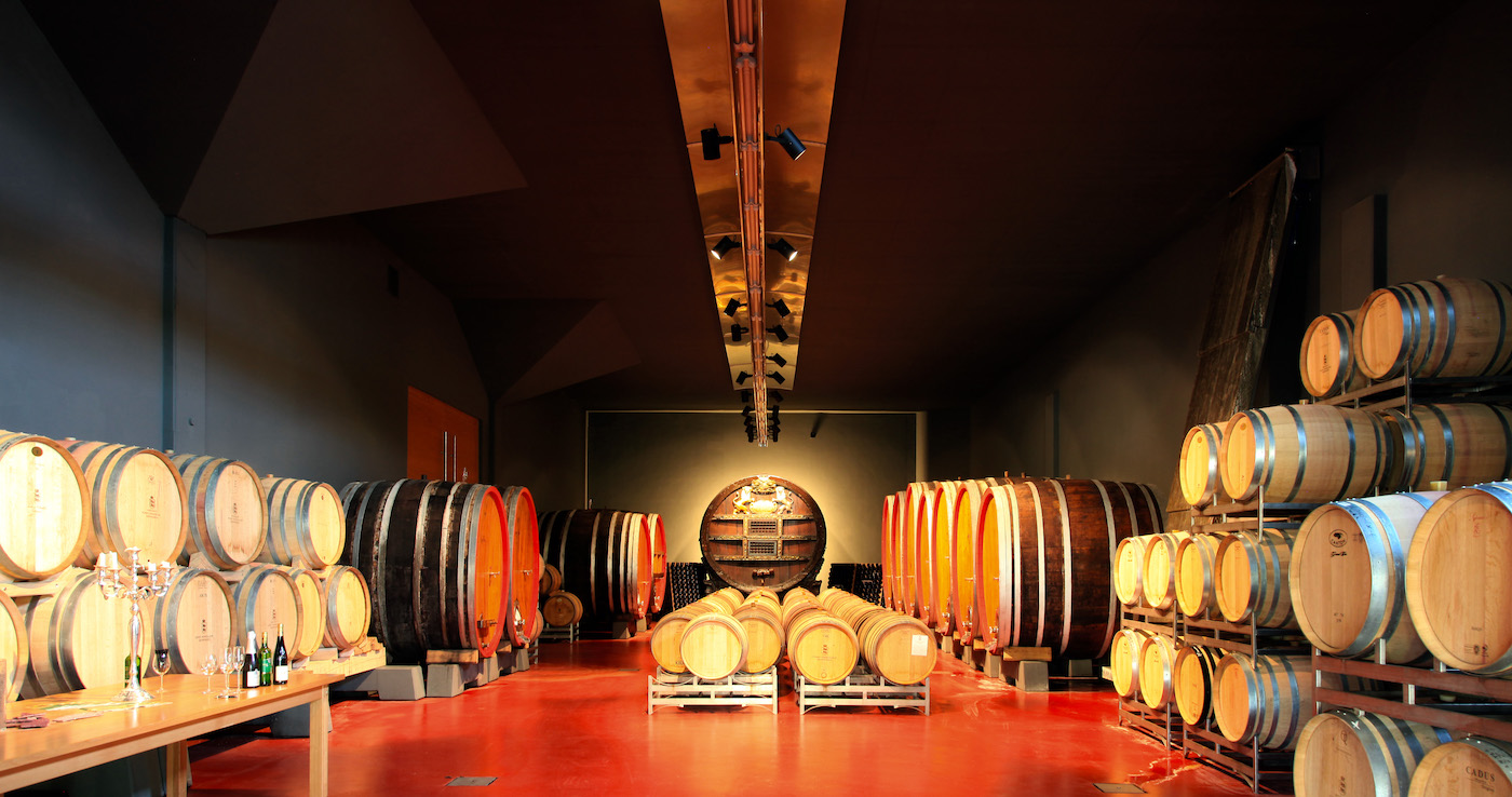 Moderner Weinkeller mit einer Lichtleiste unter der Decke und vielen unterschiedlcih großen hölzernen Weinfässern. Links im Bild Flaschen und Gläser wie nach einer Weinprobe.